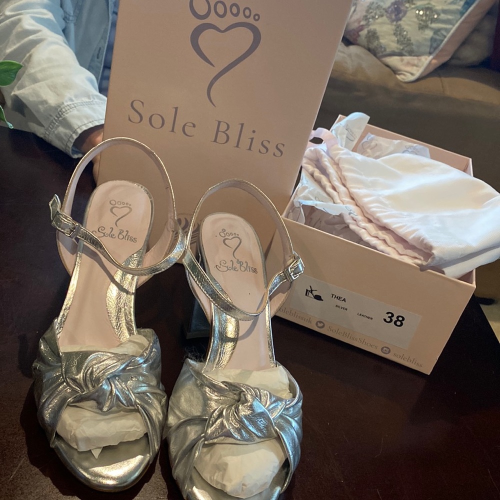 Silver evening heels, size 7.5 equivalent to 38